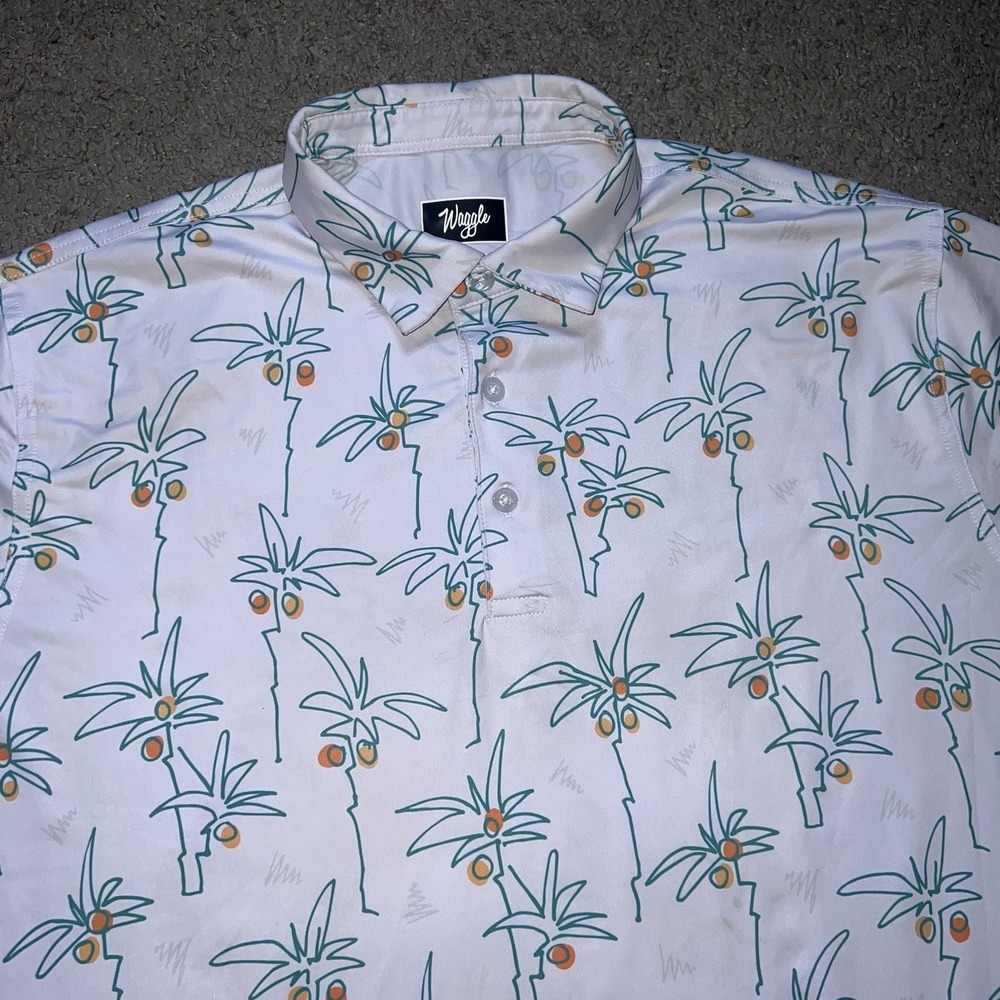Waggle Men's XL Coconut Grove Palm Golf Polo Shirt Florida Stretch White